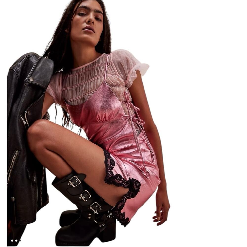 Free People x Anna Sui Sleeveless Leather Mini Dress Metallic‎ Pink Size 6 - Picture 8 of 10